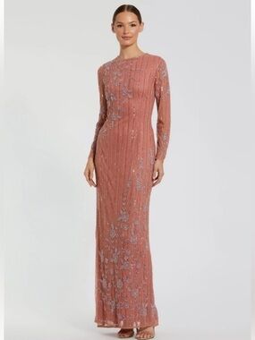 NWT Mac Duggal 93626 Rose Pink Embellished  Illusion Long Sleeve Gown 22